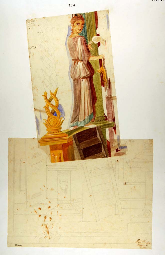 VI.7.18 Pompeii. Painting by Michele Mastracchio, 17th August 1836, showing Maenad from architecture on north (left) side of central painting on east wall of oecus.
Now in Naples Archaeological Museum. Inventory number ADS 180.
Photo © ICCD. http://www.catalogo.beniculturali.it
Utilizzabili alle condizioni della licenza Attribuzione - Non commerciale - Condividi allo stesso modo 2.5 Italia (CC BY-NC-SA 2.5 IT)
