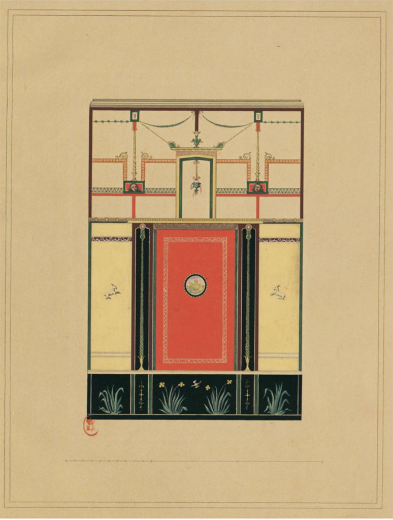 VI.8.3/5 Pompeii. c.1828. Room 16, painted decoration on north wall. 
See Raoul Rochette et Bouchet J., 1828. Choix d'Edifices Inédits : Maison du Poète Tragique. Paris, pl 8. (described as wall of Tablinum)
