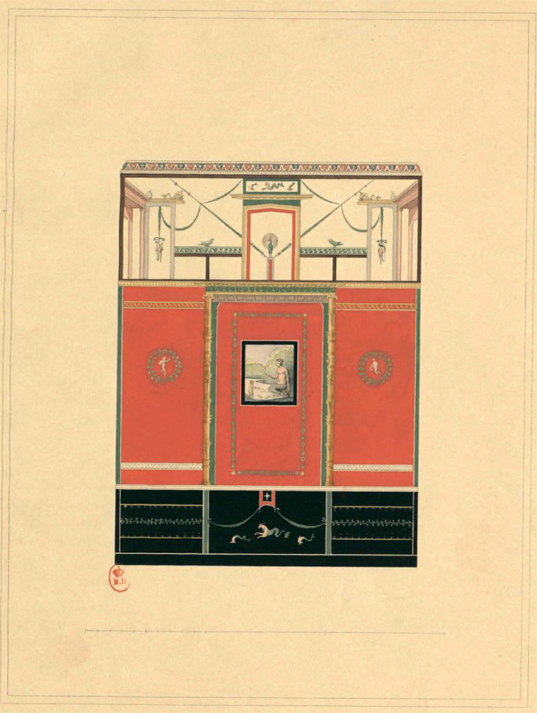 VI.8.3/5 Pompeii. c.1828. Room 15, painting of north wall.
See Raoul Rochette et Bouchet J., 1828. Choix d'Edifices Inédits : Maison du Poète Tragique. Paris, pl 9.

