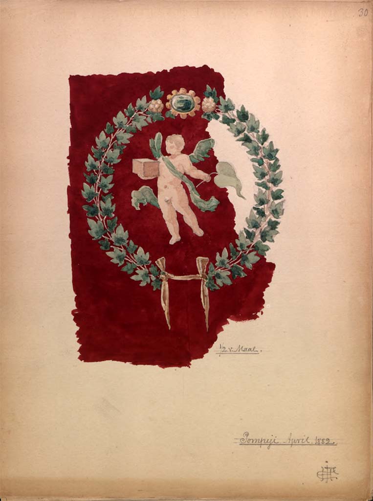 VI.8.3/5 Pompeii, April 1882. Painting by Hector Estrup, (1854-1904), from his 1882 Sketchbook.
Room 15, medallion with cupid with box, surrounded by garlands, from side panel.
See Skitsebog Hector Estrup (1854-1904) Italiensrejse 1882, pl. 30. 
© Danmarks Kunstbibliotek, inventory number 52694.
http://kunstbib.dk/en/collections/sketchbooks/sketchbooks/000036205

