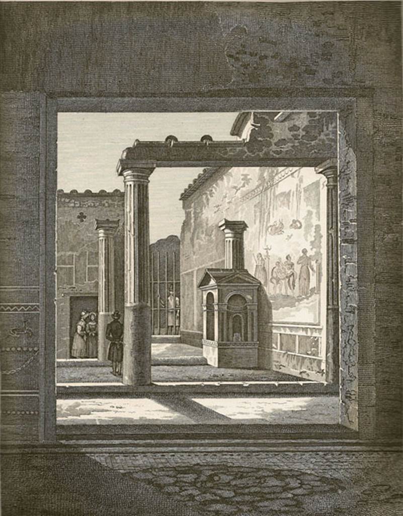 VI.8.3 Pompeii. 1845. Old print of peristyle.
The picture of the Sacrifice of Iphigenia is artistically transposed to the north wall of the garden. 
It was in fact on the north end of the portico.
See Zuccagni Orlandini, A., 1845. Atlante Illustrativo ossia raccolta dei principali monumenti italiani antichi, del medioevo e moderni e di alcune vedute pittoriche: Vol III: Regno delle due Sicilie. Firenze, Tav. XII, n.1.
