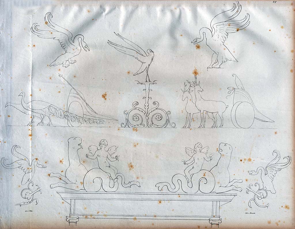 VI.8.20 Pompeii. Pre-1828. Drawings by Zahn, two chariots in the centre from this room, our room 5. 
On the left, the chariot of Hera/Juno pulled by two peacocks, and on the right, the chariot of Artemis/Diana pulled by two deer.
These were provenanced from the excavation made in the summer of 1826. 
At the top, the two swans are from the House of the Tragic Poet.
In the centre, between the two chariots, is a painting of a decoration from the Casa dell’Iside, VI.2.22
The two groups of other architectural decorations, below, were found and drawn in the Naples Museum. 
See Zahn, W., 1828. Die schönsten Ornamente und merkwürdigsten Gemälde aus Pompeji, Herkulanum und Stabiae: I. Berlin: Reimer, taf. 61.
