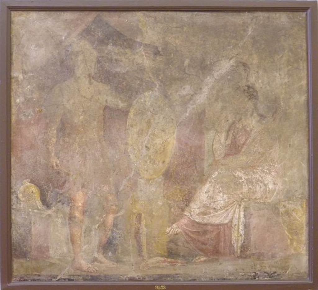 VI.9.2 Pompeii.   Found 22nd September 1829. Room 2, atrium.  Wall painting of Hephaestus showing Thetis the weapons he has made for Achilles.  Now in Naples Archaeological Museum.  Inventory number 9528.  See Helbig, W., 1868. Wandgemälde der vom Vesuv verschütteten Städte Campaniens. Leipzig: Breitkopf und Härtel. (1317).