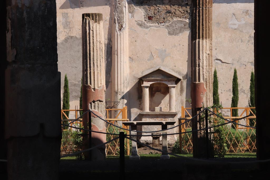 VI.9.6 Pompeii. October 2022. 
Looking east towards rear garden wall and newly rejuvenated garden, visible from entrance doorway. Photo courtesy of Klaus Heese.

