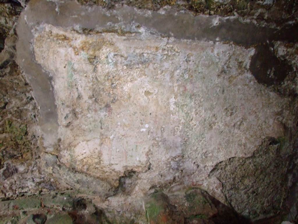 VI.9.10 Pompeii.  March 2009.  Kitchen.  North wall.  Remains of painted Lararium.  Giacobello mentions a Lararium painting identified by Boyce (1937, p.50, n. 175) but with no description or picture.  It was on the north wall of the subterranean kitchen above a small rectangular altar.  Neither has a picture.  Frhlich does not mention it at all.  See Giacobello, F., 2008. Larari Pompeiani: Iconografia e culto dei Lari in ambito domestico.  Milano: LED Edizioni. (54: p175).  For a more detailed view of the Lararium painting see the link to part 3, below.