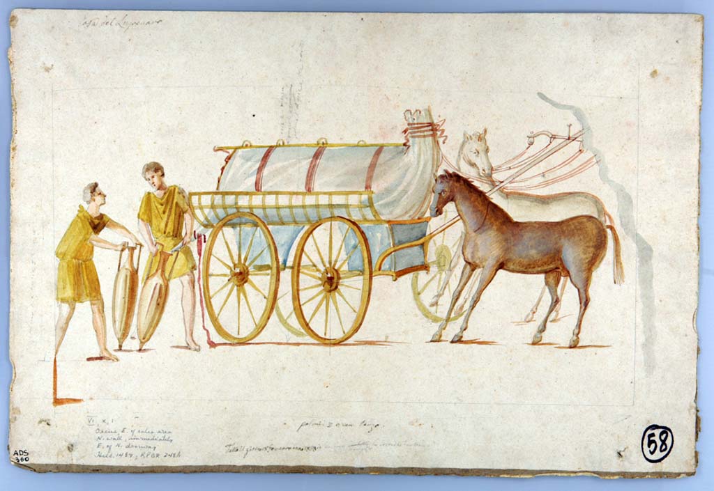 VI.10.1 Pompeii. Painting by Giuseppe Marsigli made 18th January 1828. 
The (later) note on this painting says 
  VI.X.1
  Oecus E of sales area
  N Wall immediately
  E of N doorway
  Helbig 1487 RPGR 248h
According to the ICCD scheda: L'acquerello raffigura la vignetta dipinta sulla pereta N dell'ambiente b della Caupona della Via di Mercurio a Pompei (VI 10, 1), rimasta in situ e non pi leggibile.
Now in Naples Archaeological Museum. Inventory number ADS 360.
Photo  ICCD. https://www.catalogo.beniculturali.it
Utilizzabili alle condizioni della licenza Attribuzione - Non commerciale - Condividi allo stesso modo 2.5 Italia (CC BY-NC-SA 2.5 IT)

