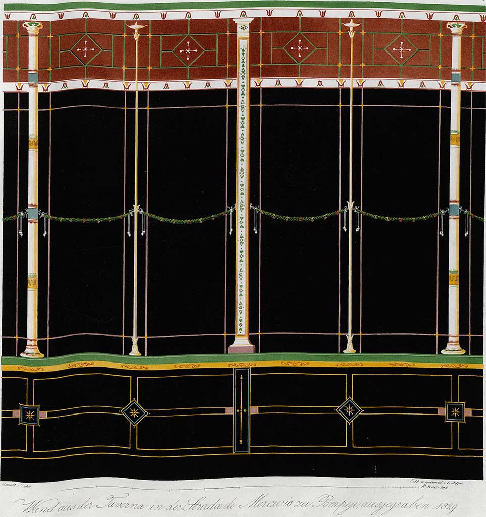 VI.10.2 Pompeii. Painting of wall of oecus on north side of atrium, and reproduced here in all its colour, painted by Zahn.
See Zahn, W., 1842. Die schönsten Ornamente und merkwürdigsten Gemälde aus Pompeji, Herkulanum und Stabiae: II. Berlin: Reimer, Taf. VII.
