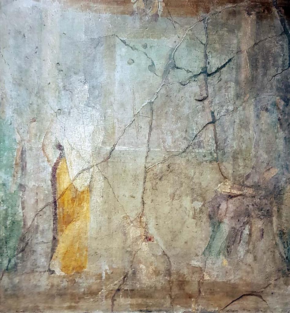 VI.10.2 Pompeii. 
Painting of Paris and Helen, which was detached from the walls of the oecus by order of the King.
Now in Naples Archaeological Museum. Inventory number 9002.
Our thanks to Rachel Lowder for helping with this.