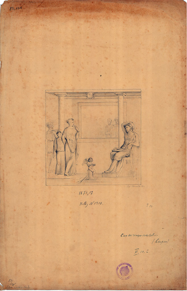 VI.10.2 Pompeii. Oecus. 1871 drawing of wall painting of Helen and Paris.
DAIR 83.101. Photo © Deutsches Archäologisches Institut, Abteilung Rom, Arkiv. 
See Helbig, W., 1868. Wandgemälde der vom Vesuv verschütteten Städte Campaniens. Leipzig: Breitkopf und Härtel. (1310)
See Coarelli F. and Pesando F. et al, 2006. Rileggere Pompei: l’insula 10 della regione VI.  Roma: L’Erma di Bretschneider. p. 61.
