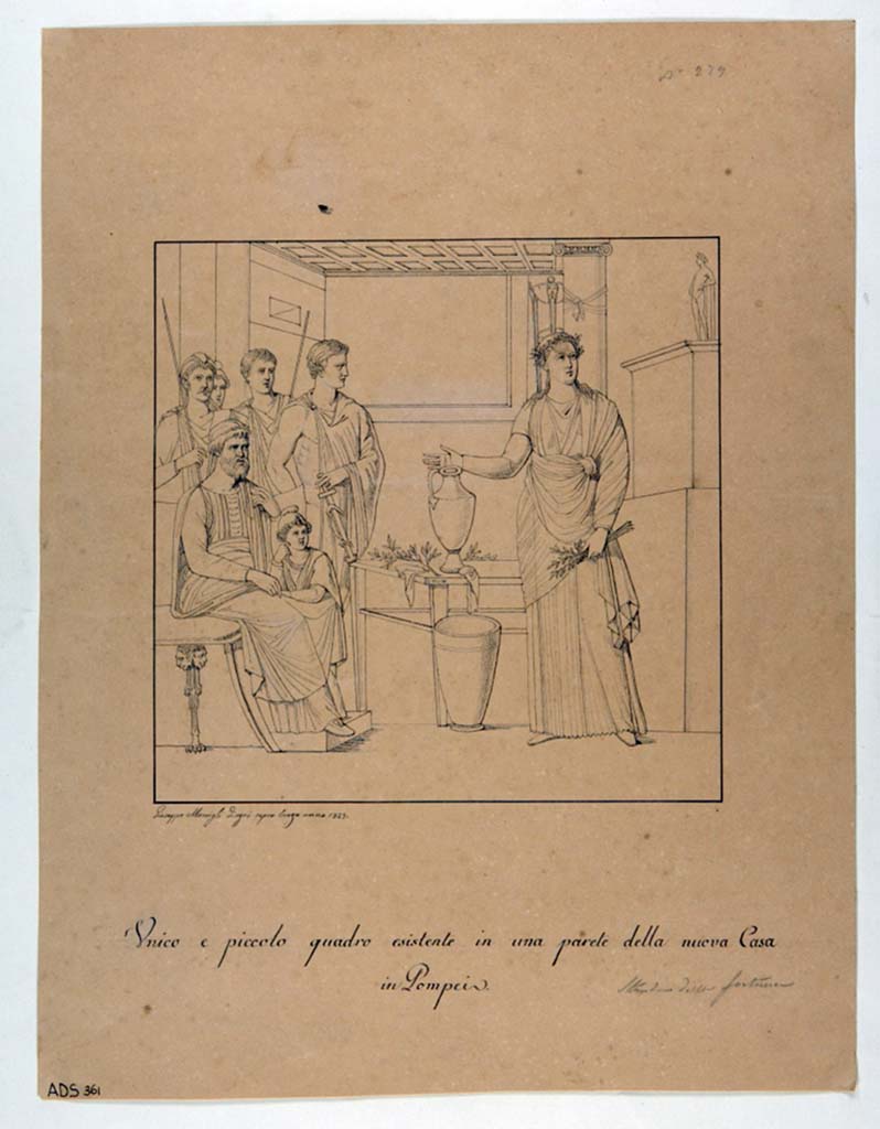 VI.10.2 Pompeii. Drawing by Giuseppe Marsigli, 1829, of wall painting of Aeneas consulting Anio or Cassandra prophesising the fall of Troy.
Now in Naples Archaeological Museum. Inventory number ADS 361.
Photo © ICCD. http://www.catalogo.beniculturali.it
Utilizzabili alle condizioni della licenza Attribuzione - Non commerciale - Condividi allo stesso modo 2.5 Italia (CC BY-NC-SA 2.5 IT)


