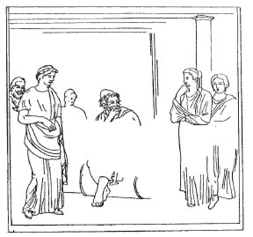 VI.10.2 Pompeii. Drawing of wall painting of Ulysses and Penelope. The painting was also found in the oecus. Original painting now in Naples Archaeological Museum.  Inventory number 9107.
See Helbig, W., 1868. Wandgemälde der vom Vesuv verschütteten Städte Campaniens. Leipzig: Breitkopf und Härtel. (1331)
See Pagano, M. and Prisciandaro, R., 2006. Studio sulle provenienze degli oggetti rinvenuti negli scavi borbonici del regno di Napoli.  Naples: Nicola Longobardi. (p.140). See Coarelli F. and Pesando F. et al, 2006. Rileggere Pompei: l’insula 10 della regione VI.  Roma: L’Erma di Bretschneider. p.61-2, tav. XVII.
