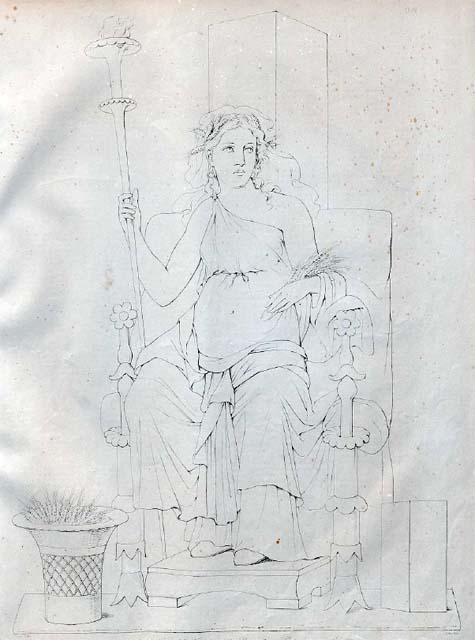 VI.10.11 Pompeii. Room 3, drawing of Ceres, painted on the south wall in the south-west corner of the atrium.
See Zahn, W., 1842. Die schönsten Ornamente und merkwürdigsten Gemälde aus Pompeji, Herkulanum und Stabiae: II. Berlin: Reimer. (tav 82)
Original painting removed and taken to Naples Archaeological Museum, inventory number 9457.
