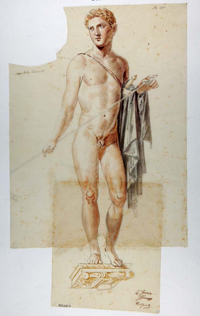 VI.10.11 Pompeii. Room 3, drawing of naked warrior, painted on the west wall, south of the doorway to room 12.
See Zahn, W., 1852. Die schönsten Ornamente und merkwürdigsten Gemälde aus Pompeji, Herkulanum und Stabiae: III. Berlin: Reimer. (tav 68)
See Helbig, W., 1868. Wandgemälde der vom Vesuv verschütteten Städte Campaniens. Leipzig: Breitkopf und Härtel. (1832)
Original painting removed and taken to Naples Archaeological Museum, inventory number 9123.
