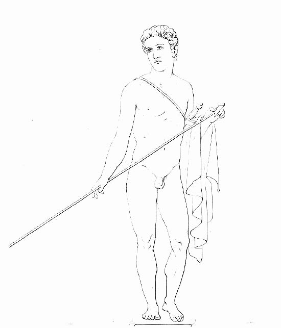 VI.10.11 Pompeii. Pre-1829.
Room 3, drawing by Giuseppe Marsigli of naked warrior, painted on the west wall, south of the doorway to room 12.
See Real Museo Borbonico, Vol. V, 1829, Tav. II.
