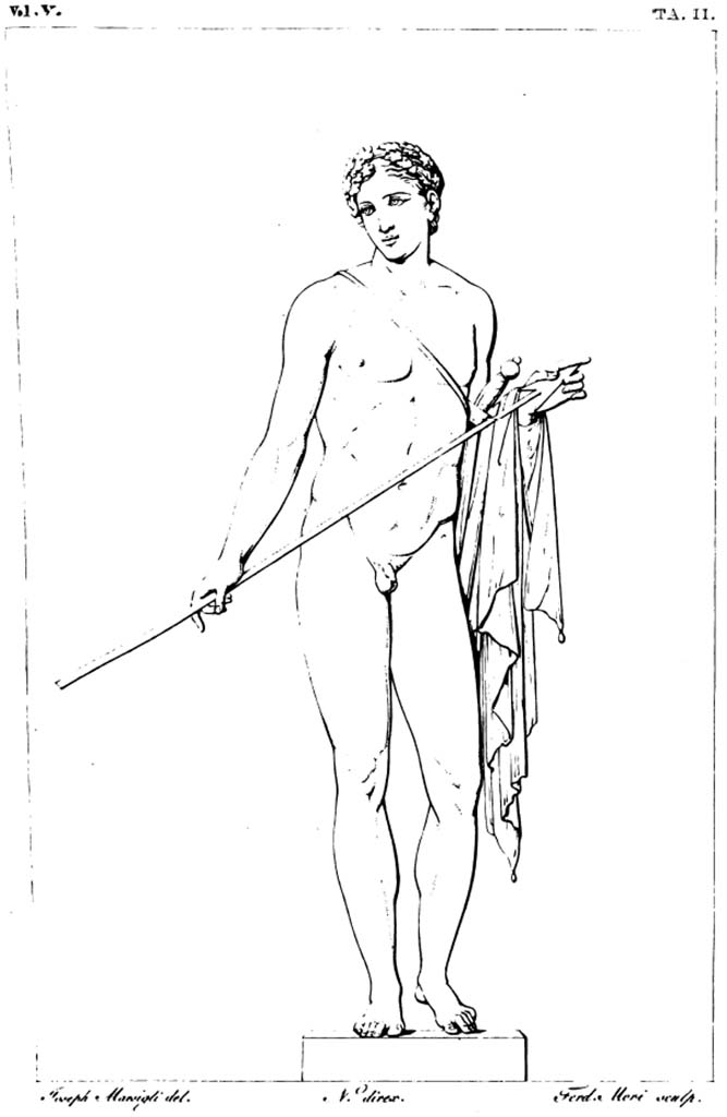 VI.10.11 Pompeii. Room 3, drawing of a Muse and Artemis/Diana, painted on the west wall of the atrium, on the pilaster between rooms 12 and 11.
See Zahn, W., 1828. Die schönsten Ornamente und merkwürdigsten Gemälde aus Pompeji, Herkulanum und Stabiae: I. Berlin: Reimer. (tav 52)
See Helbig, W., 1868. Wandgemälde der vom Vesuv verschütteten Städte Campaniens. Leipzig: Breitkopf und Härtel. (1954b)
Original painting removed and taken to Naples Archaeological Museum, inventory number 8826.
