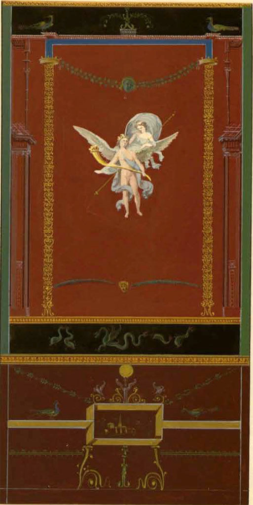 VI.10.11 Pompeii. Room 3, drawing of panel in east wall of atrium between doorways to cubiculum 4 and 5. 
See Zahn, W., 1828. Die schönsten Ornamente und merkwürdigsten Gemälde aus Pompeji, Herkulanum und Stabiae: I. Berlin: Reimer. Taf. 53.
See Helbig, W., 1868. Wandgemälde der vom Vesuv verschütteten Städte Campaniens. Leipzig: Breitkopf und Härtel. (1954)
