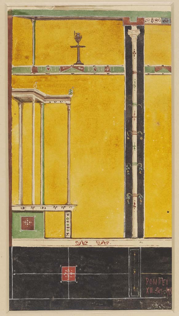 VI.14.20 Pompeii. 12th September 1876. Watercolour by Luigi Bazzani.
Room 13, detail from south wall in south-east corner.
Photo  Victoria and Albert Museum. Inventory number 2057-1900. 
See Schefold, K., 1962. Vergessenes Pompeji. Bern: Francke, (Room r, taf.143).

