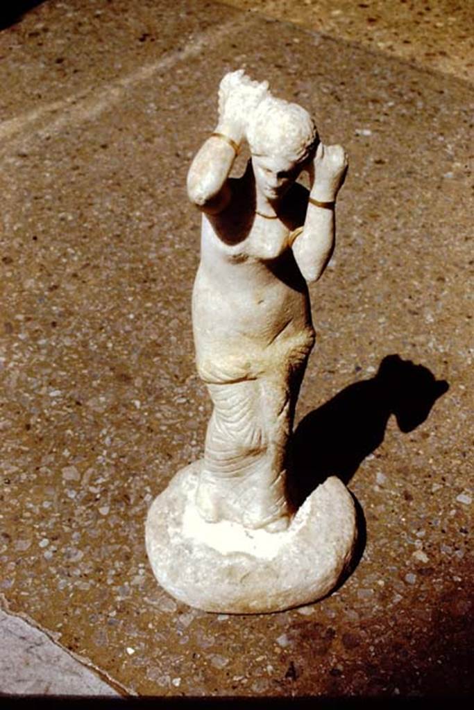 VI.14.27 Pompeii. 1971. Found in room b. Marble statuette of Venus, found in the atrium on 16th April 1875.
Now in Naples Archaeological Museum. Inventory number 110602. 
Photo by Stanley A. Jashemski.
Source: The Wilhelmina and Stanley A. Jashemski archive in the University of Maryland Library, Special Collections (See collection page) and made available under the Creative Commons Attribution-Non Commercial License v.4. See Licence and use details.
J71f0274
See Studi della Soprintendenza archeologica di Pompei, no.26: Marmora Pompeiana nel Museo Archeologico Nazionale di Napoli. (p.93).
