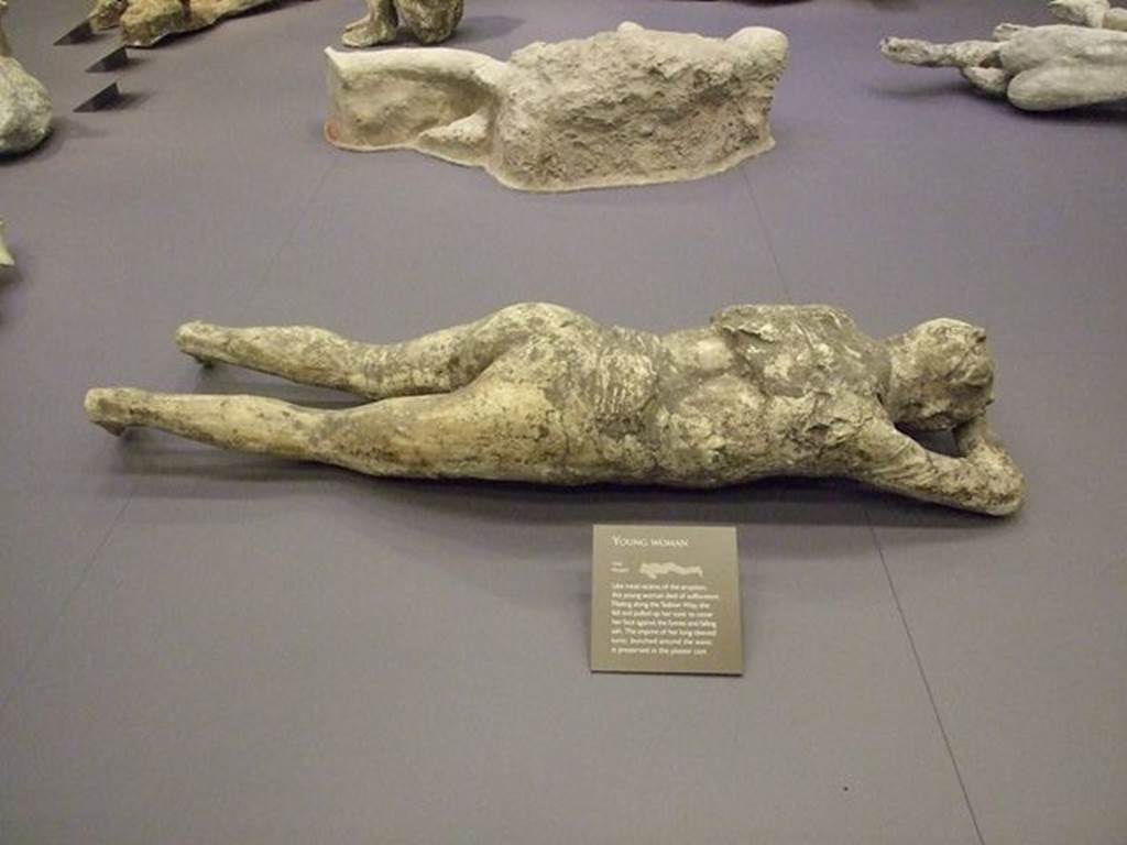 Cast of woman with her tunic raised over her head.  Found 23rd April 1875 in NE corner of VI.14 in middle of Via Stabinaa at height of 4m above ground. Photographed at A Day in Pompeii exhibition at Melbourne Museum.  September 2009. See Garcia y Garcia, L., 2006. Danni di guerra a Pompei. Rome: LErma di Bretschneider. (p.192, Figs 445-7). See Giornale degli Scavi di Pompei, N.S. 3, 1877, Column 173, n.23.
