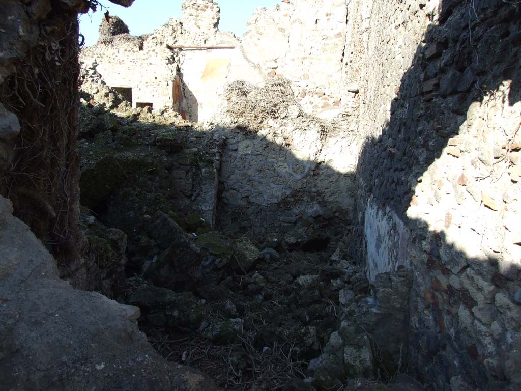 VI.14.39 in foreground, looking north into rear rooms, taken from VI.14.22. December 2007.
These may have originally been underground rooms, the kitchen and wine cellar.
In the background is a room at the east (rear) of the peristyle of VI.14.38.  
According to Boyce, on the east wall of the subterranean kitchen of VI.14.39, was a lararium painting in two zones.
The upper zone contained a sacrificial scene with the Genius on the right of an altar.
On the left was a Camillus, wreathed and wearing a short, girded tunic.
On each side of this group stood a wreathed Lar, carrying rhyton and situla.
In the lower zone, to the right of an altar furnished with an egg, was a red serpent with large crest and beard.
Behind the serpent, at the extreme right of the painting, was a jar.
On the left of the altar some other indistinguishable object, seems to have replaced the second serpent.
Across the top of the upper zone was stretched a garland, and in the background between the figures were painted plants.
See Boyce G. K., 1937. Corpus of the Lararia of Pompeii. Rome: MAAR 14. (p.53, no. 206) 
See Sogliano, A., 1879. Le pitture murali campane scoverte negli anni 1867-79. Napoli: (p. 13, no. 28)
See Giacobello, F., 2008. Larari Pompeiani: Iconografia e culto dei Lari in ambito domestico. Milano: LED Edizioni, (p.179 for a description of the lararium, no longer conserved in the underground kitchen, due to the house being badly damaged in 1943 bombing).

 
