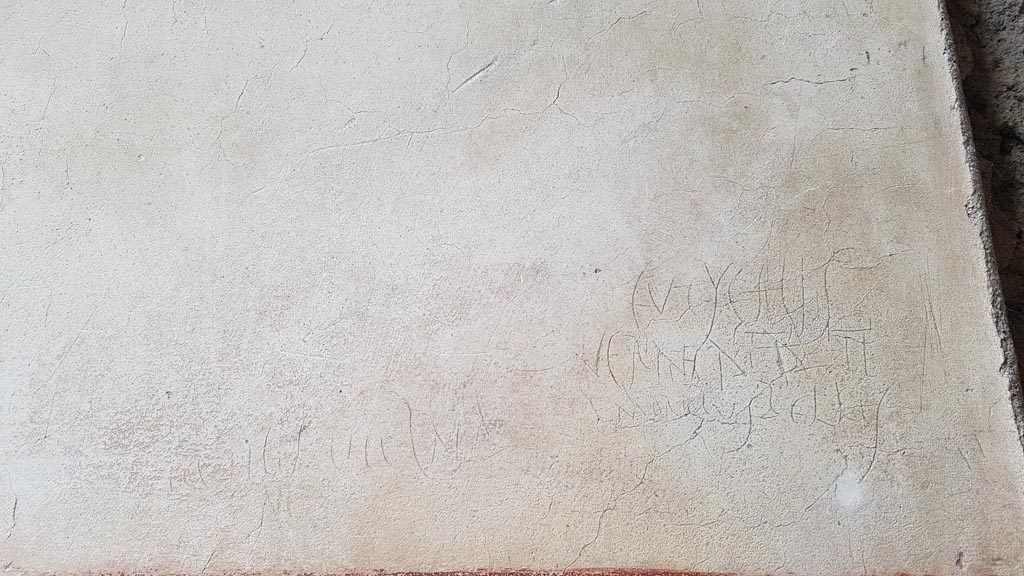 VI.15.1 Pompeii. August 2023. Detail of graffiti on left hand wall of vestibule. Photo courtesy of Maribel Velasco.

