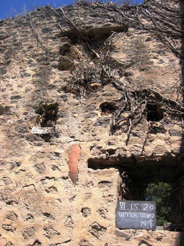 VI.15.20 Pompeii. July 2008. Downpipe visible in wall of upper level. Photo courtesy of Barry Hobson. 
According to Hobson, Reg. VI had two upper storey latrines that still had visible signs of the latrine above the ground floor level, these were in VI.15.20 and VI.15.22. 
See Hobson, B., 2009. Latrinae et foricae: Toilets in the Roman World. London; Duckworth. (p.75)
According to Eschebach, the corridor on the north side of the atrium led to the kitchen and latrine which had a downpipe from the upper floor.
See Eschebach, L., 1993. Gebudeverzeichnis und Stadtplan der antiken Stadt Pompeji. Kln: Bhlau. (p.223)
