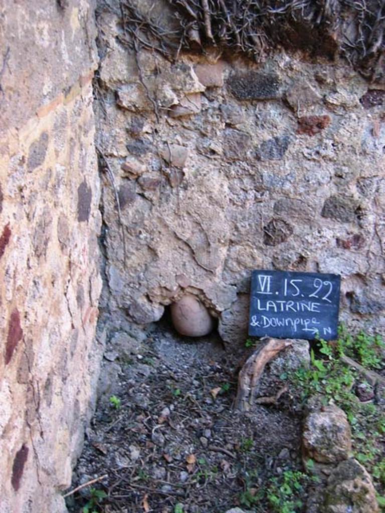 VI.15.22 Pompeii. July 2008. Looking west towards latrine and downpipe. Photo courtesy of Barry Hobson.