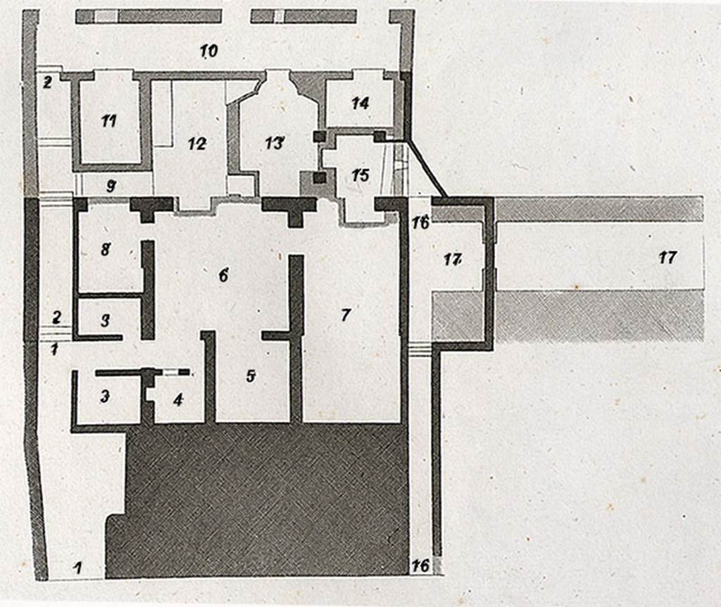 VI.17.9, 10 and 11 Pompeii, on west side of Via Consolare.
1824 plan of the two lower floors as drawn by Mazois

The first of the two lower floors was devoted to the family, and the second to the baths.
1:  arriving by the gentle slope marked 11, in fig. 1.
2:  sequel to the gentle ramp to go down to the floor below, 
3:  rooms for the servants, 
4:  rooms,
5:  small room,
6:  windowed salon, 
7:  triclinium communicating by the vaulted room (?la treille) where the room 15, together with the corridor 16, leads to the kitchen area placed in the  
         rooms on the floor below, as one sees in fig.1;
8:  room heated in the winter by the baths placed below
9:  entrance to the baths, under the previous floor
10:  corridor or porticoes in front of the baths, the top of the front wall still supports the terrace. There is the appearance that this portico, as those in 
         other houses, gave onto the garden, and the garden onto the sea.
11:  room in the baths area, 
12:  baths area, 
13:  steam room,
14: 15:  two rooms in the baths area, 
16:  communication passage with the rooms,
17:  way below, under the city walls
See Mazois, F., 1824. Les Ruines de Pompei: Second Partie. Paris: Firmin Didot, p. 71, pl. XXVIII, fig II, house at lower level. 
