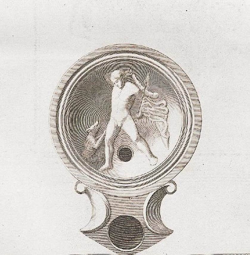 VI.17.25 Pompeii. Drawing of one of the terracotta lamps found and reported 30th September 1780.
The nude figure of a man holding a lance in his right hand, and a stick in his left hand is preparing to hit a dog cowering nearby.
See Antichità di Ercolano: Tomo Setto: Le Pitture 5, 1779, no.32, p.163.
See Pagano, M. and Prisciandaro, R., 2006. Studio sulle provenienze degli oggetti rinvenuti negli scavi borbonici del regno di Napoli. Naples: Nicola Longobardi, 30th September 1780, PAH 1, 1, 314 above.
