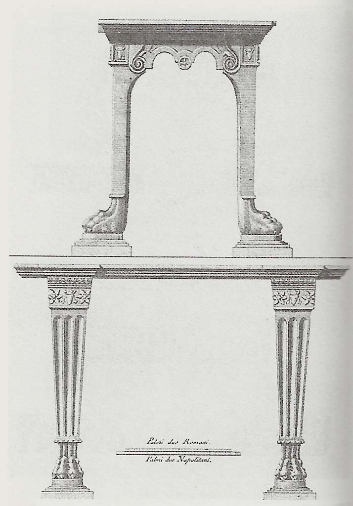 VI.17.25 Pompeii. 
Drawing of marble table with two heads of animals in the cornice, with the foot detached that forms a grooved pilaster with frame and plinth.
See Pagano M., 1997. I diari di scavo di Pompei, Ercolano e Stabia di Francesco e Pietro La Vega (1764-1810). Roma, (p.55).
See Pagano, M. and Prisciandaro, R., 2006. Studio sulle provenienze degli oggetti rinvenuti negli scavi borbonici del regno di Napoli. Naples: Nicola Longobardi, (p.79), Rami Inediti 67ab, and Pompeianarum Antiquitatum Historia, 1, 1, 314, see above.
