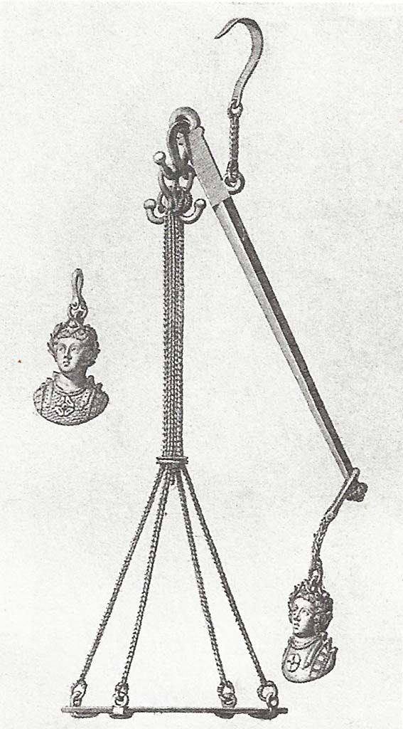 VI.17.25 Pompeii. Found 18th January 1781. Balance scale with counterweights in form of the bust of a figure.
Now in Naples Archaeological Museum. Inventory number 74054.
See Pagano, M. and Prisciandaro, R., 2006. Studio sulle provenienze degli oggetti rinvenuti negli scavi borbonici del regno di Napoli. Naples: Nicola Longobardi, p.79, Rami Inediti 85, Pompeianarum Antiquitatum Historia, 1,2,1, see above.
