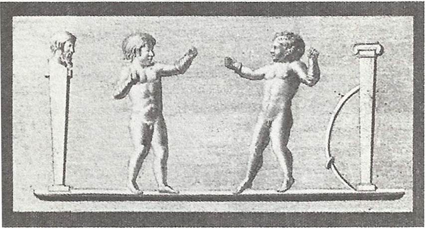 VI.17.25 Pompeii. Found 10th February 1781. Drawing of relief of stucco with two cupids between herms, from decoration of a vault.
Now in Naples Archaeological Museum. Inventory number 9580.
See Pagano, M. and Prisciandaro, R., 2006. Studio sulle provenienze degli oggetti rinvenuti negli scavi borbonici del regno di Napoli. Naples: Nicola Longobardi, p.79, Rami Inediti 86, Pompeianarum Antiquitatum Historia, 1,2,2, see above.
See Pagano M., 1997. I diari di scavo di Pompei, Ercolano e Stabia di Francesco e Pietro La Vega (1764-1810). Roma, p.60. 
