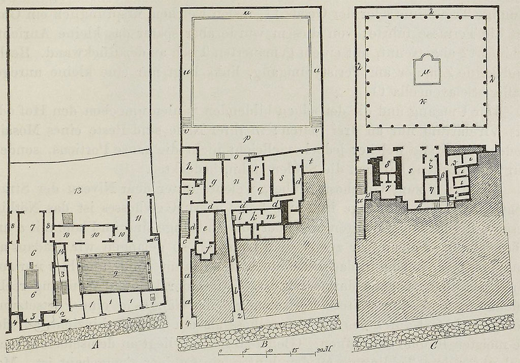 VI.17.25 Pompeii. 1884. Plan showing the three floor levels.
See Overbeck J., 1884. Pompeji in seinen Gebäuden, Alterthümen und Kunstwerken. Leipzig: Engelmann. (p. 367 Fig. 180).

According to CTP, Mazois and Overbeck-Mau wrongly showed a doorway directly onto the street at VI.17.23 on the above plan.
See Van der Poel, H. B., 1981. Corpus Topographicum Pompeianum, Part V. Austin: University of Texas. (p.307, note 1).
