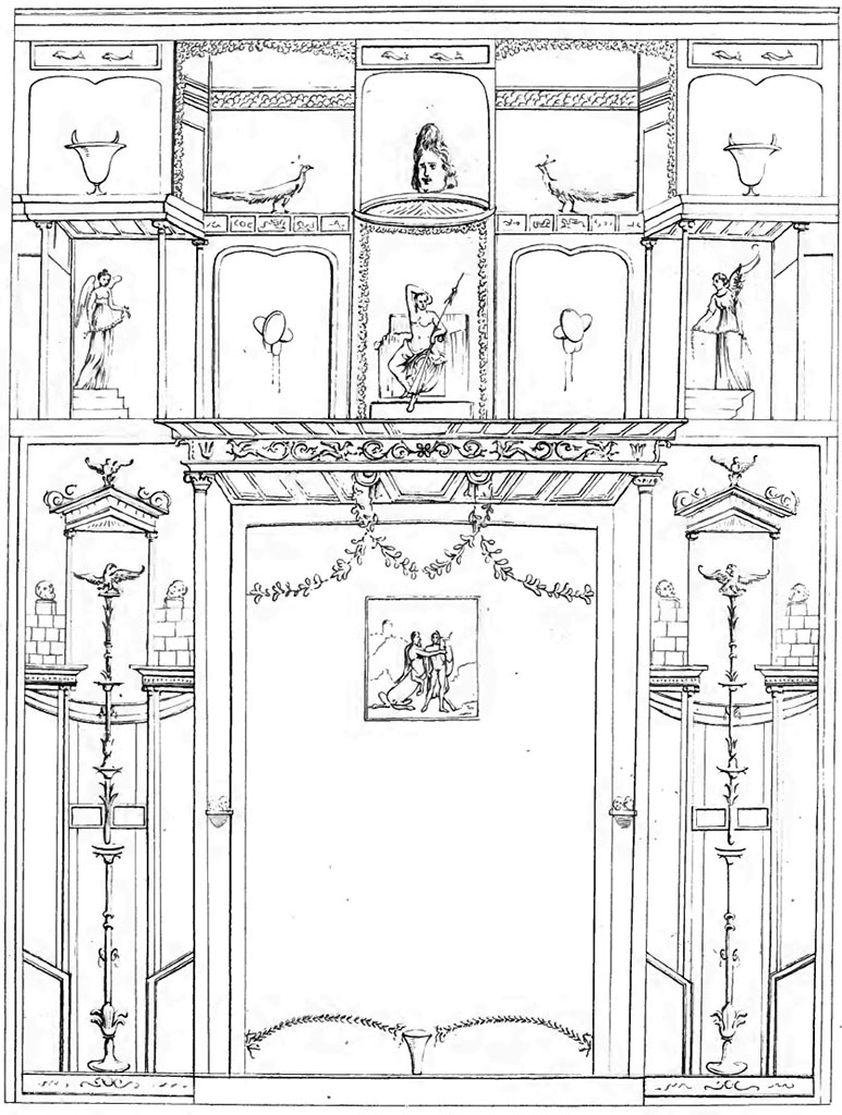 1843 drawing of a wall with a central painting of Chiron playing his lyre to Achilles.
See Raccolta de più interessante Dipinture e di più belle Musaici rinvenuti negli Scavi di Ercolano, di Pompei, e di Stabia. 1843. Napoli.
