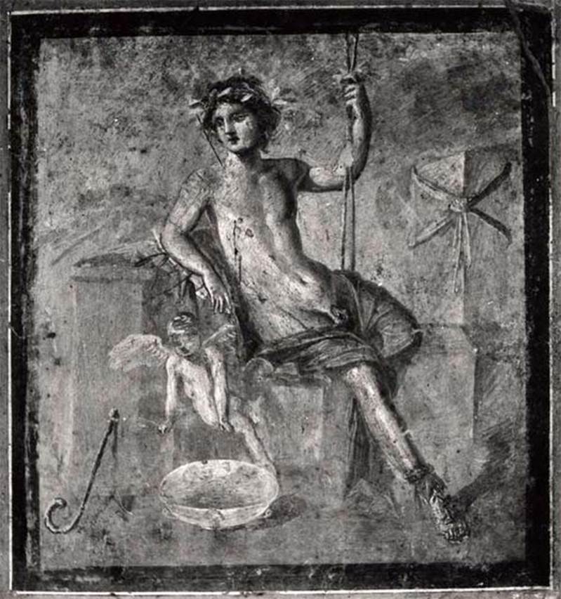 VI.17.25 or 36 Pompeii. Old undated photograph of painting of a sitting man with a small cherub. 
Now in Naples Archaeological Museum. Inventory number 9382.
See Helbig, W., 1868. Wandgemälde der vom Vesuv verschütteten Städte Campaniens. Leipzig: Breitkopf und Härtel, 1357.
