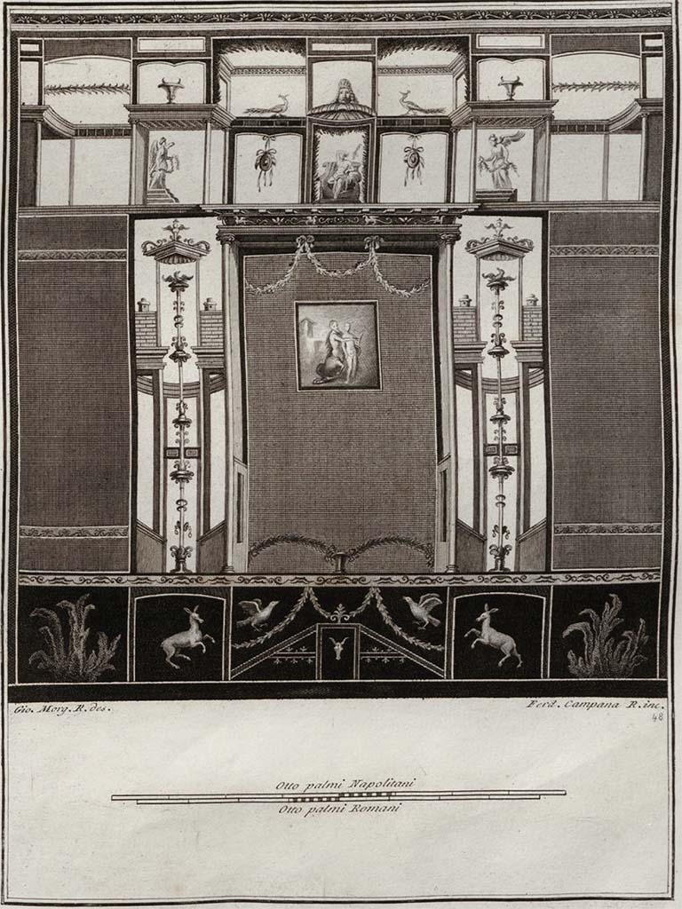 VI.17.25 Pompeii? Pre 1796. (also entered at VI.17.00).
(Note: this may or may not be from this house. It could be from the area of the Temple of Isis or a nearby house. See below.)
Although attributed by various sources to VI.17.25, the House of the Lion, or paintings from “podere di Irace”, it should be pointed out that digging was taking place in various points in the city at the same time, so we have included them here, and also in VI.17.00 under the Irace paintings, but with no specific provenance/location.)

Fresco of a wall showing a painting in the centre of Chiron playing his lyre to Achilles, the wall decorated with arabesques, figures and several animals.
See Gli ornati delle pareti ed i pavimenti delle stanze dell'antica Pompei incisi in rame: 1838, no. 48. 
Also in Gli Ornati, 1808, pt.2
Also in Gli Ornati, 1796, pt.1

According to Pagano and Prisciandaro, this was found 15th September 1764, with 12 other paintings in “Podere di Irace”.
See Pagano, M. and Prisciandaro, R., 2006. Studio sulle provenienze degli oggetti rinvenuti negli scavi borbonici del regno di Napoli. Naples: Nicola Longobardi. (p.48), with reference to PAH, I, 1, 161-2.

According to PAH,
“un quadro che rappresenta un centauro in atto di suonare la lira, ed avanti a questo un fanciullo, il campo era d’aria. Si fatto dipinto era molto simile a quello pubblicato dagli Accademici Ercolanesi nel vol.1 delle pitture, rappresentante Chirone ed Achille, benché molto inferiore a quello nel merito, oltre all’essere molto patita: si riconobbe questa pittura essere stata trasportata da altro luogo, e posta sul muro dove era stata trovata, dall’unione che vi si osserva intorno.”
(Trans: "A painting representing a centaur in the act of playing the lyre, and in front of him a young person, the background was in the open air.  This painting was very similar to that published by the Herculaneum Academics in vol.1 of the paintings, representing Chiron and Achilles, although much inferior to that in merit, in addition to it having suffered: it was recognized that this painting had been transported from another place, and placed on the wall where it had been found, from the join that is observed around it."
See Fiorelli G., 1860. Pompeianarum antiquitatum historia, Vol. 1: 1748 - 1818, Naples, Pars Prima, p.161-2.

