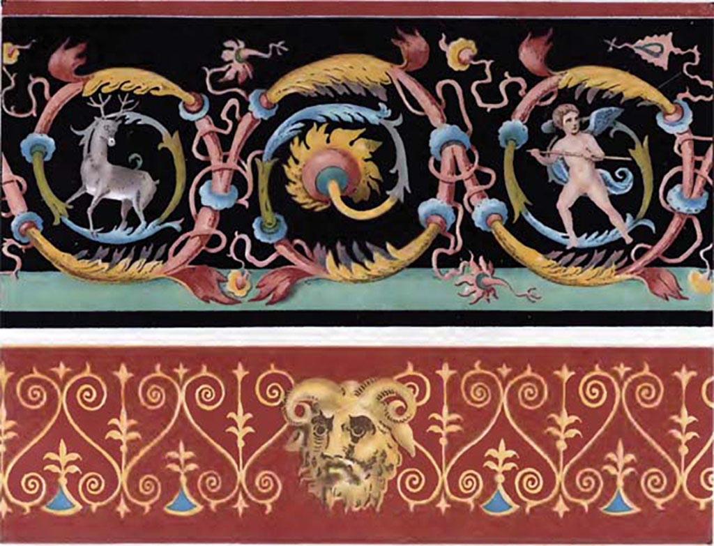 VII.1.47 Pompeii. Exedra 10, north wall. 
1878 wall painting of an arabesque with stag and cupid (top) and a panel with a mask of Pan (below).
See Presuhn E., 1878. Les Decorations Murales de Pompei. Weigel, Leipzig, Tav. XX.
See Carratelli, G. P., 1990-2003. Pompei: Pitture e Mosaici: Vol. VI.  Roma: Istituto della enciclopedia italiana, p. 255, 267 and 273. 
