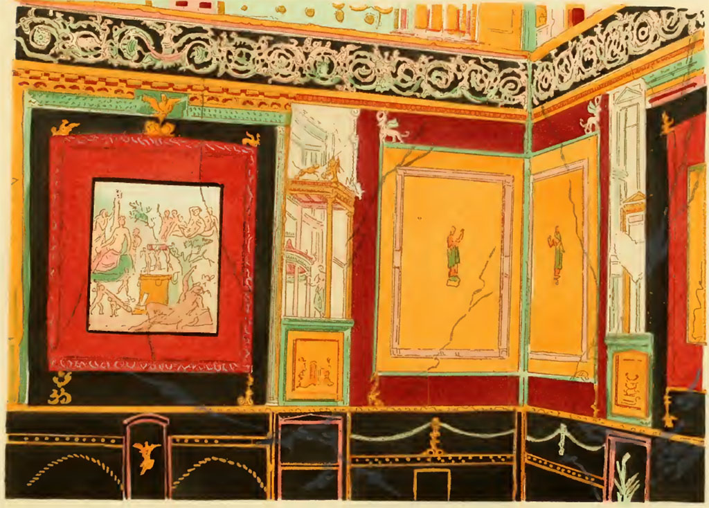 VII.1.47 Pompeii. Undated painting by Pierre Gusman. Exedra 10, looking towards north-east corner.
(XIX. Maison de Siricus (Région IV. I, 47j. Quatrième style.)
See Gusman P., 1924. La Décoration Murale de Pompei. Paris : Morancé, pl. XIX.
