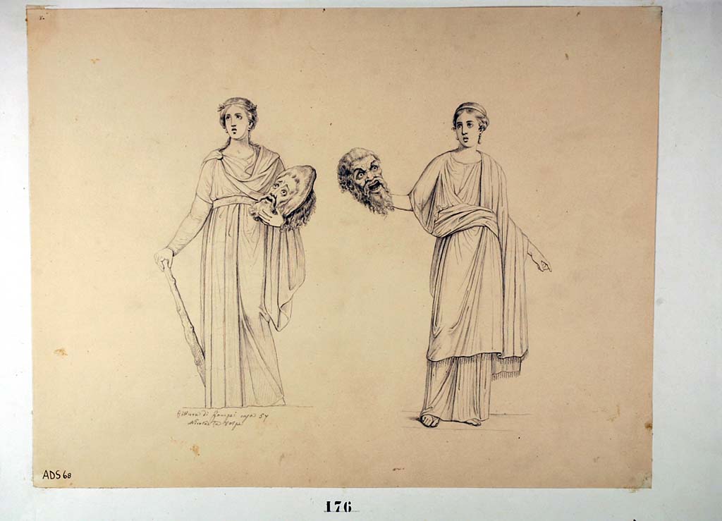 VII.1.47 Pompeii. Exedra 10, Muses. Drawing by Nicola La Volpe, of the Muse Thalia, on the right above, from a side panel at the north end of east wall, (Helbig 882).
On the left is a drawing of the Muse Melpomene, seen at the south end of the east wall, (Helbig 872).
Now in Naples Archaeological Museum. Inventory number ADS 68.
Photo © ICCD. http://www.catalogo.beniculturali.it
Utilizzabili alle condizioni della licenza Attribuzione - Non commerciale - Condividi allo stesso modo 2.5 Italia (CC BY-NC-SA 2.5 IT)
See Helbig, W., 1868. Wandgemälde der vom Vesuv verschütteten Städte Campaniens. Leipzig: Breitkopf und Härtel, (882, and 872).
