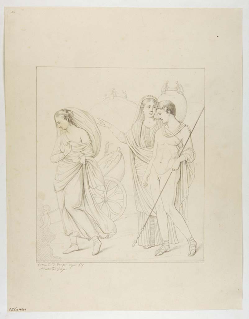 VII.1.47 Pompeii. Room 8, south wall. 
Drawing by Nicola La Volpe, of painting of a warrior and girl, which was left in situ and has now faded.
This drawing of the painting is the only known record, other than ADS 493 below by Abbate. 
Today all the IV Style the decoration of the room has completely faded and been lost.
Now in Naples Archaeological Museum. Inventory number ADS 494.
Photo © ICCD. http://www.catalogo.beniculturali.it
Utilizzabili alle condizioni della licenza Attribuzione - Non commerciale - Condividi allo stesso modo 2.5 Italia (CC BY-NC-SA 2.5 IT)
See Helbig, W., 1868. Wandgemälde der vom Vesuv verschütteten Städte Campaniens. Leipzig: Breitkopf und Härtel, (1396).
