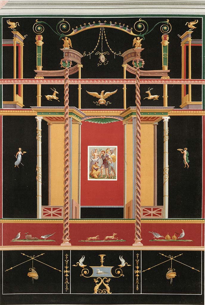 VII.1.47 Pompeii. 1854 painting of north wall in triclinium 8 on north-east side of atrium. 
In the centre is the painting of the wounded Aeneas.
See Niccolini F, 1854. Le case ed i monumenti di Pompei: Volume Primo. Napoli. Casa di Sirico, p. 3-4, Tav II. 
