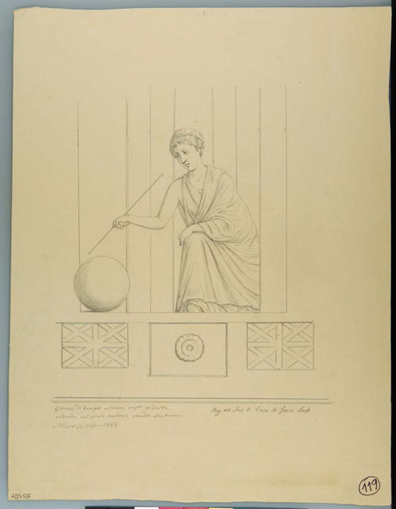 VII.2.16 Pompeii. Drawing by Nicola La Volpe, 1868, from right (west) side of south wall, the Muse Urania,
Now in Naples Archaeological Museum. Inventory number ADS 535.
Photo  ICCD. http://www.catalogo.beniculturali.it
Utilizzabili alle condizioni della licenza Attribuzione - Non commerciale - Condividi allo stesso modo 2.5 Italia (CC BY-NC-SA 2.5 IT)
