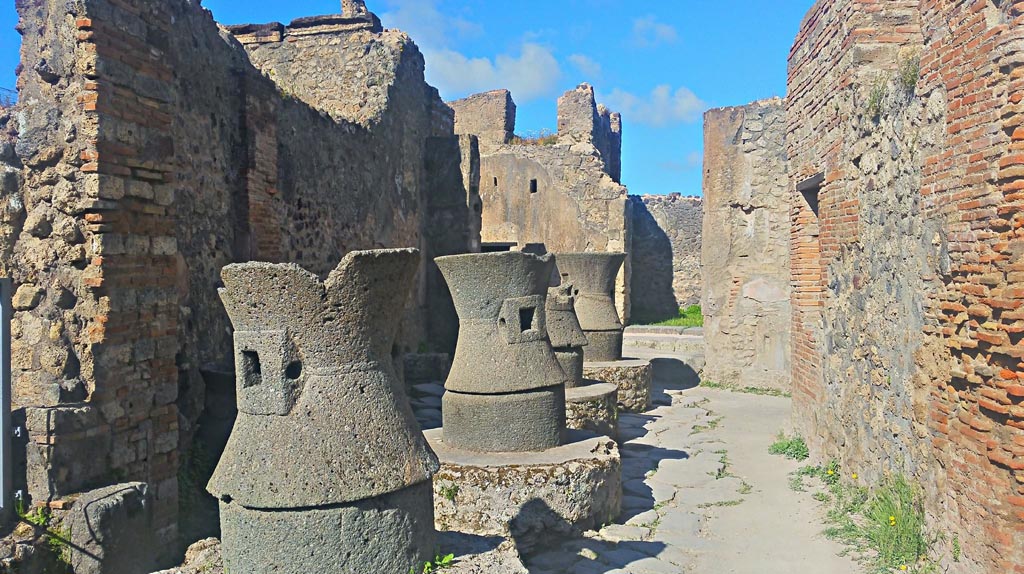 VII.2.22 Pompeii. 2017/2018/2019. 
Looking west along line of mills towards entrance doorway on Vico Storto. Photo courtesy of Giuseppe Ciaramella.
