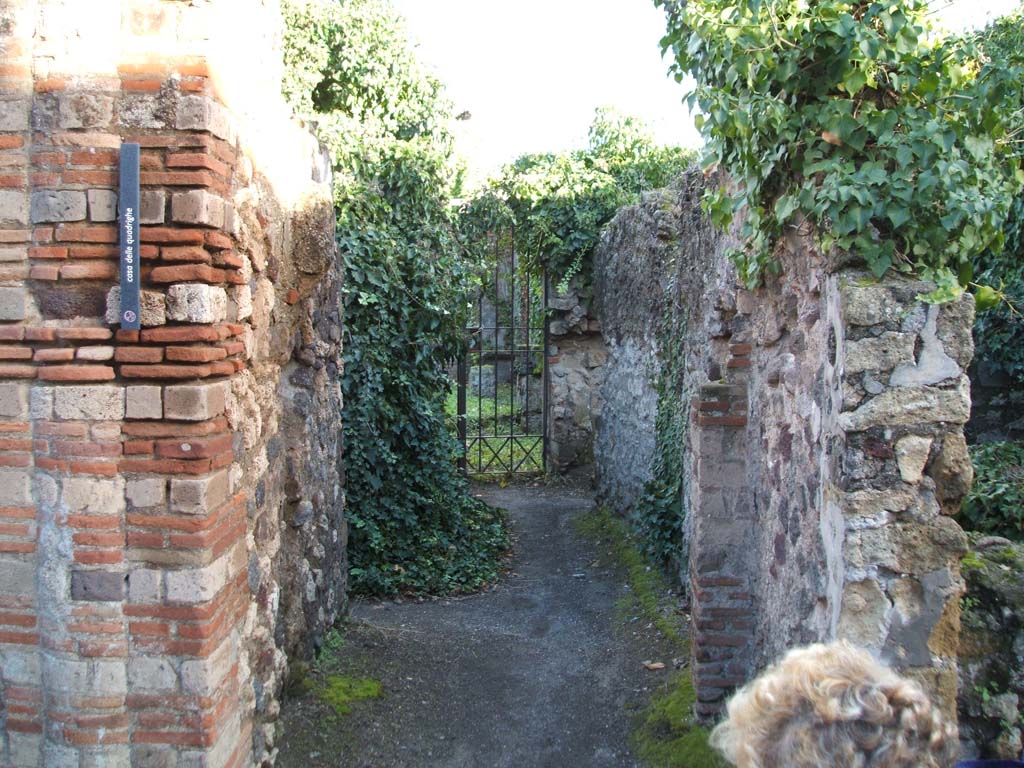 VII.2.25 Pompeii. December 2004. Looking east along entrance corridor.
According to Boyce, in the kitchen on the north side of the entrance corridor, a poorly preserved lararium painting was found.
On the right of an altar was the Genius in a toga, on the left was the tibicen in a long white garment.
On each side of them stood a Lar clad in a green and yellow tunic and red cloak.
The Genius was larger than the tibicen, but the Lares were larger than the Genius.
In the lower zone, two serpents were confronted at an altar, above them were garlands and in front, plants.
See Boyce G. K., 1937. Corpus of the Lararia of Pompeii. Rome: MAAR 14.  (p.63, no. 255).