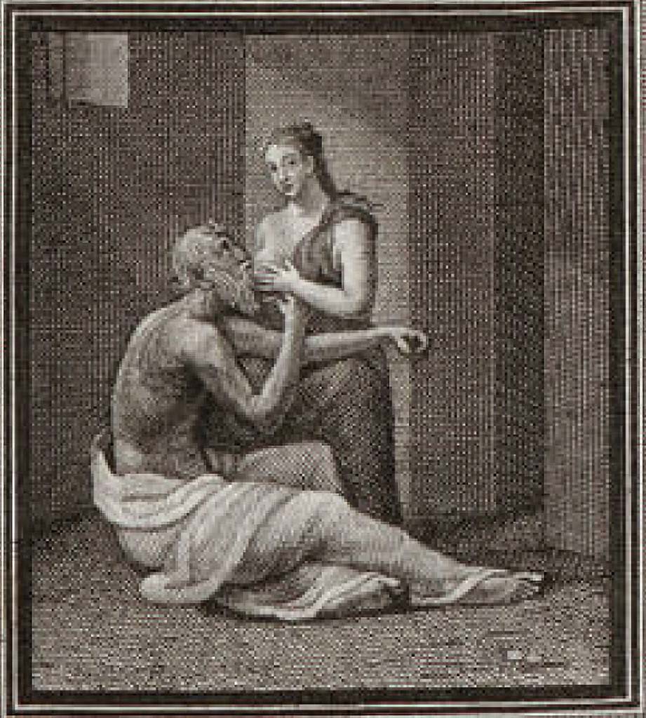 VII.4.10 Pompeii. 1838. Painting of Cimon and Pero in centre of atrium wall as outlined by Giuseppe Chiantarelli.
See Gli ornati delle pareti ed i pavimenti delle stanze dell'antica Pompei incisi in rame: 1838, pl. 61.
