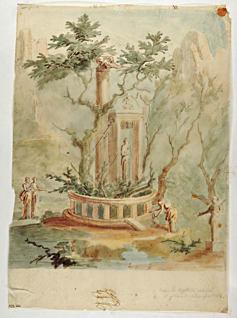 VII.4.31/51 Pompeii. Room 21, south wall of triclinium. Sacred landscape painting with seated figure, tholos and tall architectural feature with two golden urns on top..
Now in Naples Archaeological Museum. Inventory number 9472.

