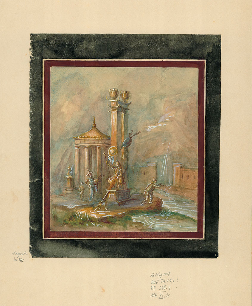 VII.4.31/51 Pompeii. Room 21, south wall of triclinium, “described as from similar situation to previous”.
Painting attributed to Giuseppe Marsigli, 21st November 1834, copy of sacred landscape.
Now in Naples Archaeological Museum. Inventory number ADS 661.
Photo © ICCD. http://www.catalogo.beniculturali.it
Utilizzabili alle condizioni della licenza Attribuzione - Non commerciale - Condividi allo stesso modo 2.5 Italia (CC BY-NC-SA 2.5 IT)
