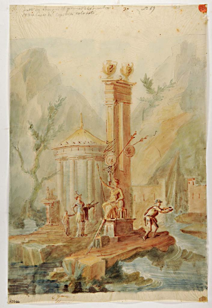 VII.4.31/51 Pompeii. Drawing of medallion of architectural landscape by Antonio Ala, 1855.
There is no exact location known for this medallion.
Now in Naples Archaeological Museum. Inventory number ADS 1185.
Photo © ICCD. http://www.catalogo.beniculturali.it
Utilizzabili alle condizioni della licenza Attribuzione - Non commerciale - Condividi allo stesso modo 2.5 Italia (CC BY-NC-SA 2.5 IT)

