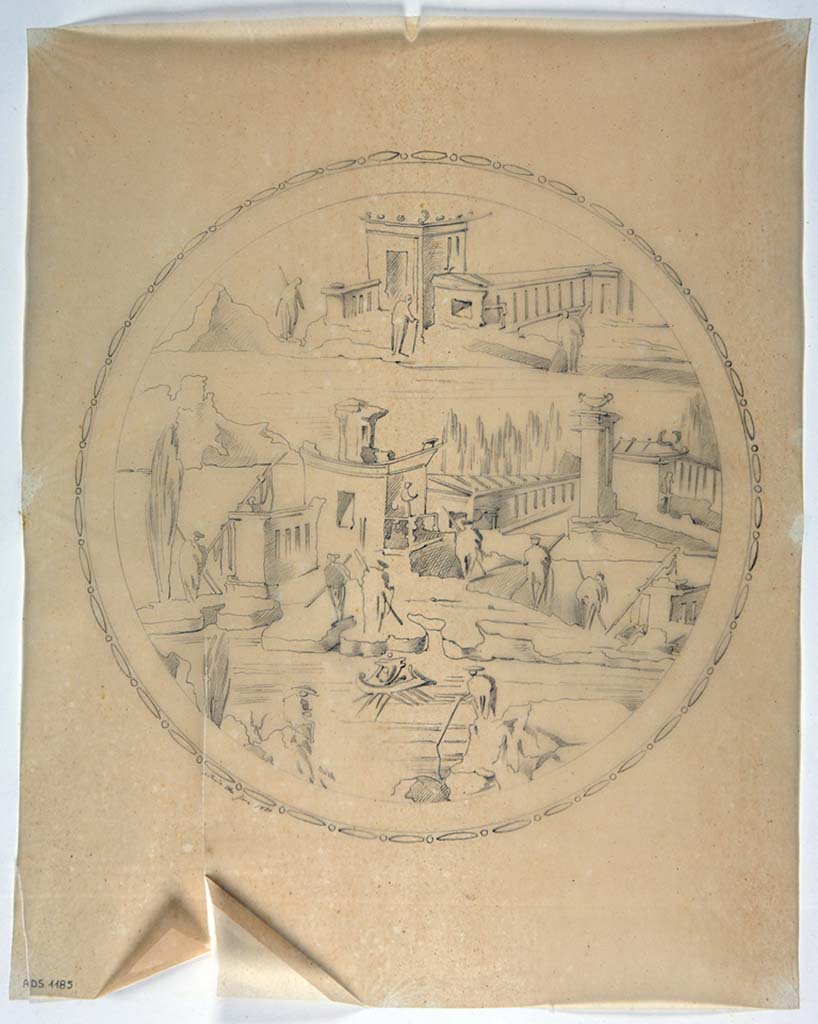 VII.4.31/51 Pompeii. Drawing by Antonio Ala, 1855, of a painted panel with a Cupid giving chase to a deer.
There is no exact location known for this panel. 
Now in Naples Archaeological Museum. Inventory number ADS 1186.
Photo © ICCD. http://www.catalogo.beniculturali.it
Utilizzabili alle condizioni della licenza Attribuzione - Non commerciale - Condividi allo stesso modo 2.5 Italia (CC BY-NC-SA 2.5 IT)
