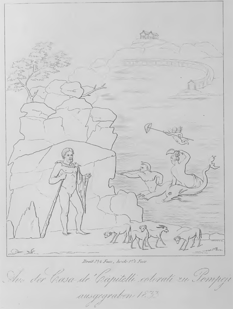 VII.4.31/51 Pompeii. Room 22, west wall. 
The central wall painting was a mythological landscape showing Polyphemus, looking out to sea at his beloved Galatea.  
Now in Naples Museum. Inventory number 8886?
